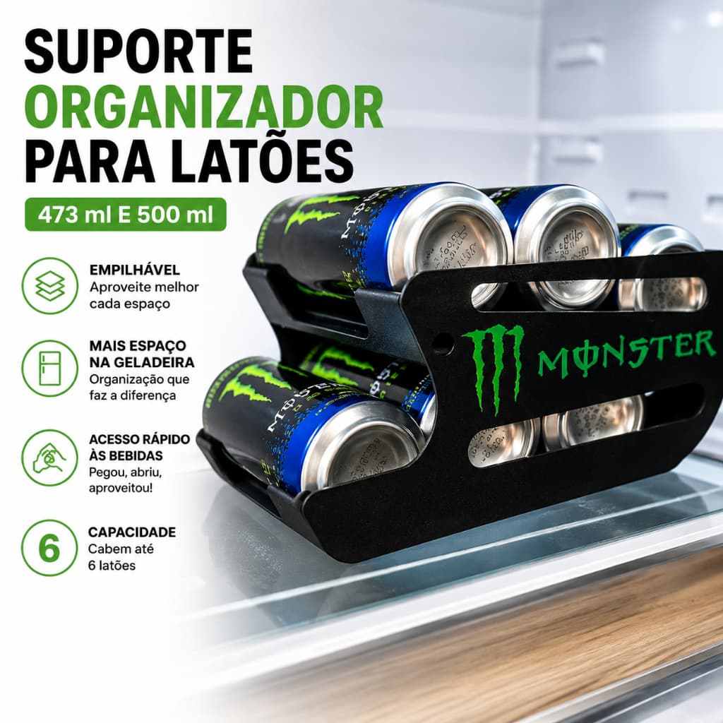 Suporte Organizador para Latões 473 e 500ml | 6 Latões Cerveja Monster Enérgetico | Porta Latas para Geladeira