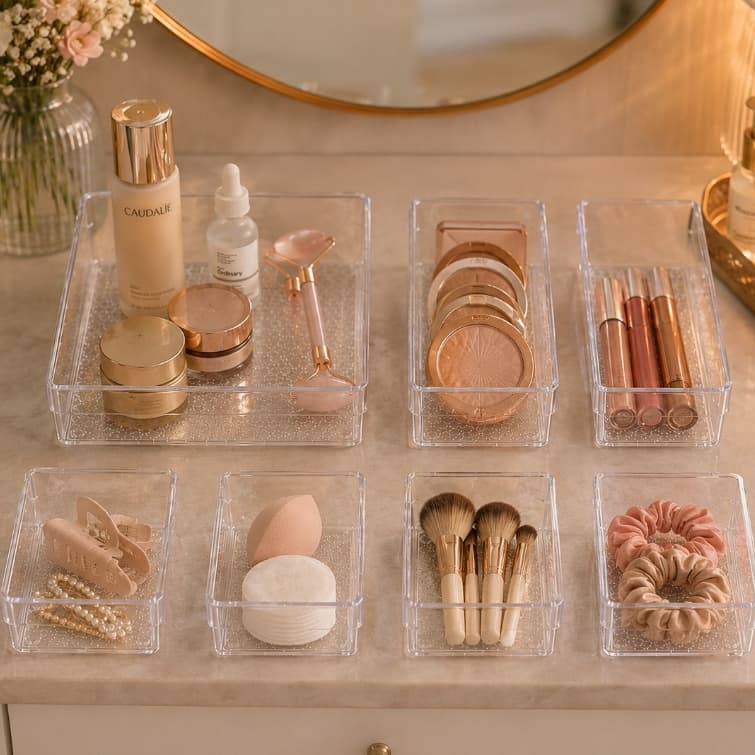 Kit de18 Organizadores de Acrilico Multiuso Modular Maquiagem Penteadeira Armário Tamanho 8P 8M 2G