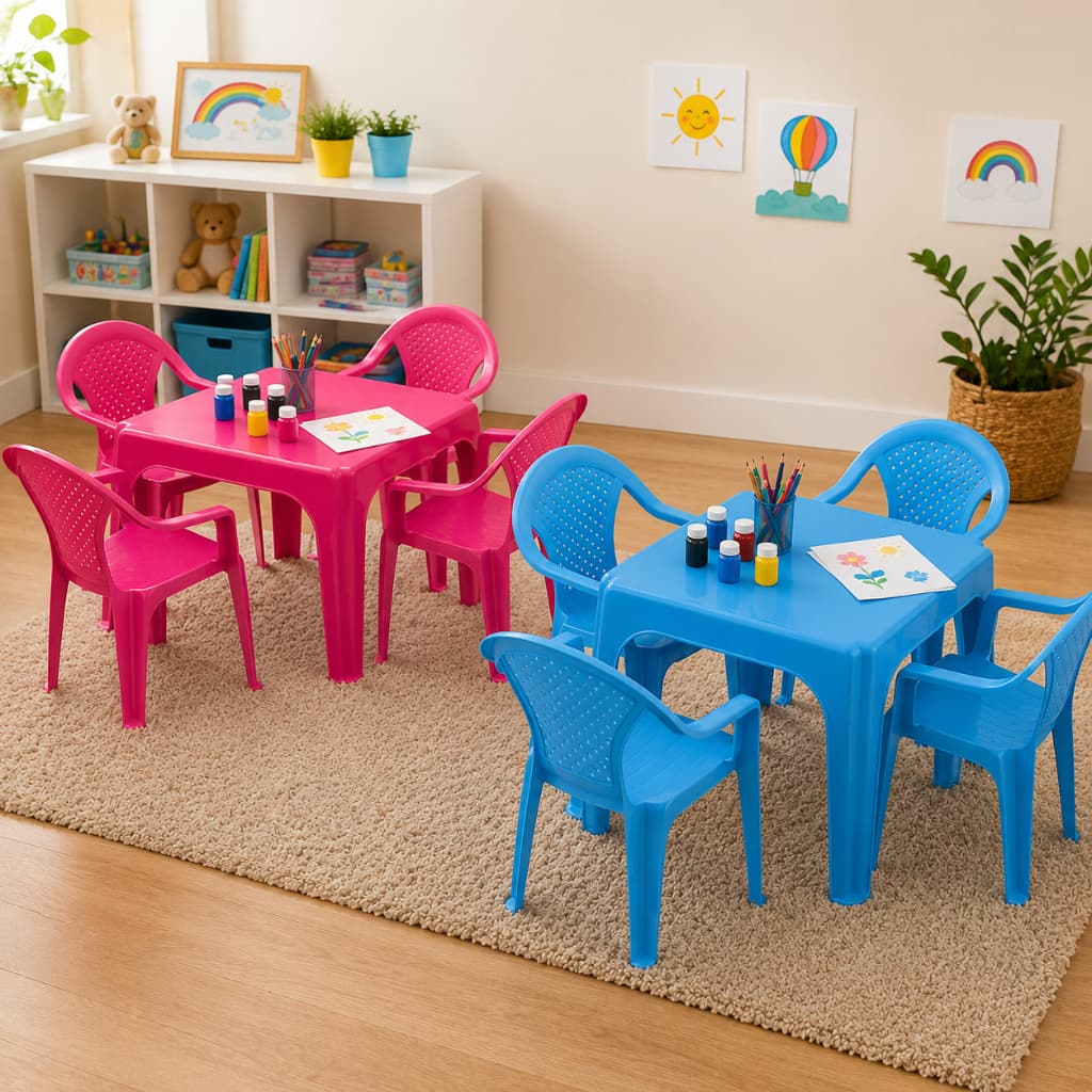 Kit Mesa Mesinha com 4 Cadeiras Plásticas Infantil Criança Colorida Rosa ou Azul Escola Brincar