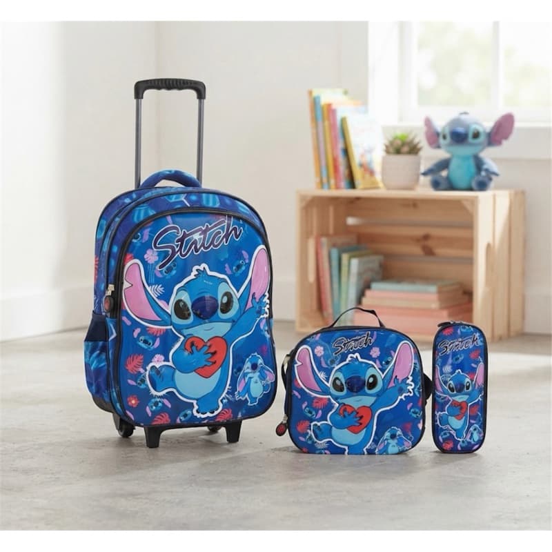Kit Mochila Stitch Rodinha Escolar Infantil Azul Bolsa Grande Térmica