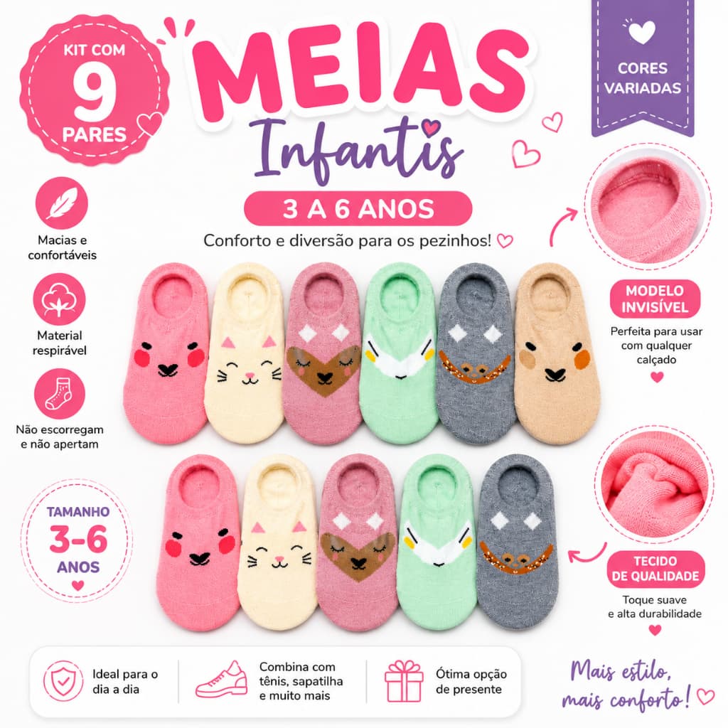 Kit 3/6/9/12 Pares de Meias Infantis Sapatilha 3 a 6 Anos | Macias Confortáveis e Estampadas