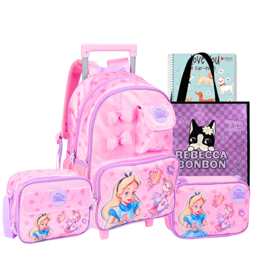 Kit Mochila Infantil Alice Rodinhas Lancheira Estojo Escolar Completo Rosa Menina Disney Fofo Cute Bunny