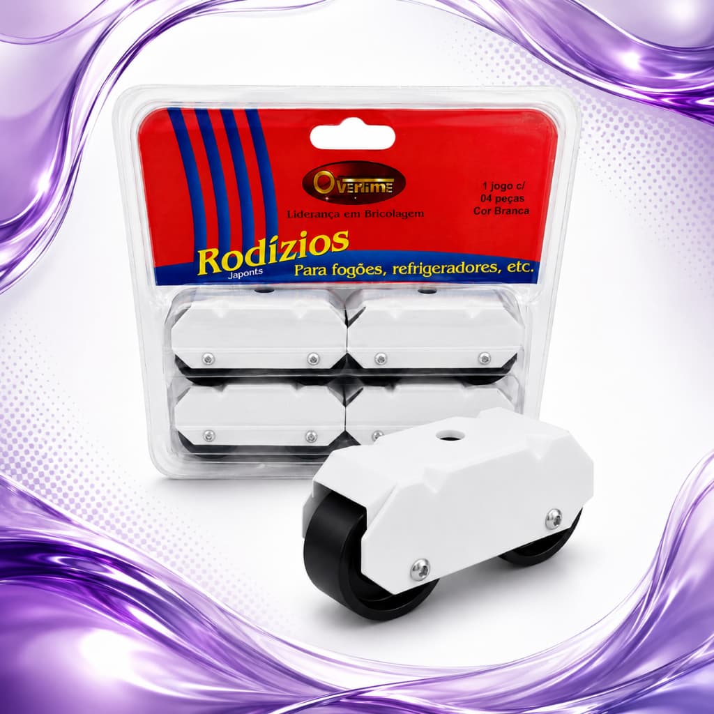 Kit 4 Rodízios Overtime para Geladeira Fogão Freezer Branco Metal Chapa Aço Pintura Epóxi Rosca 5/16