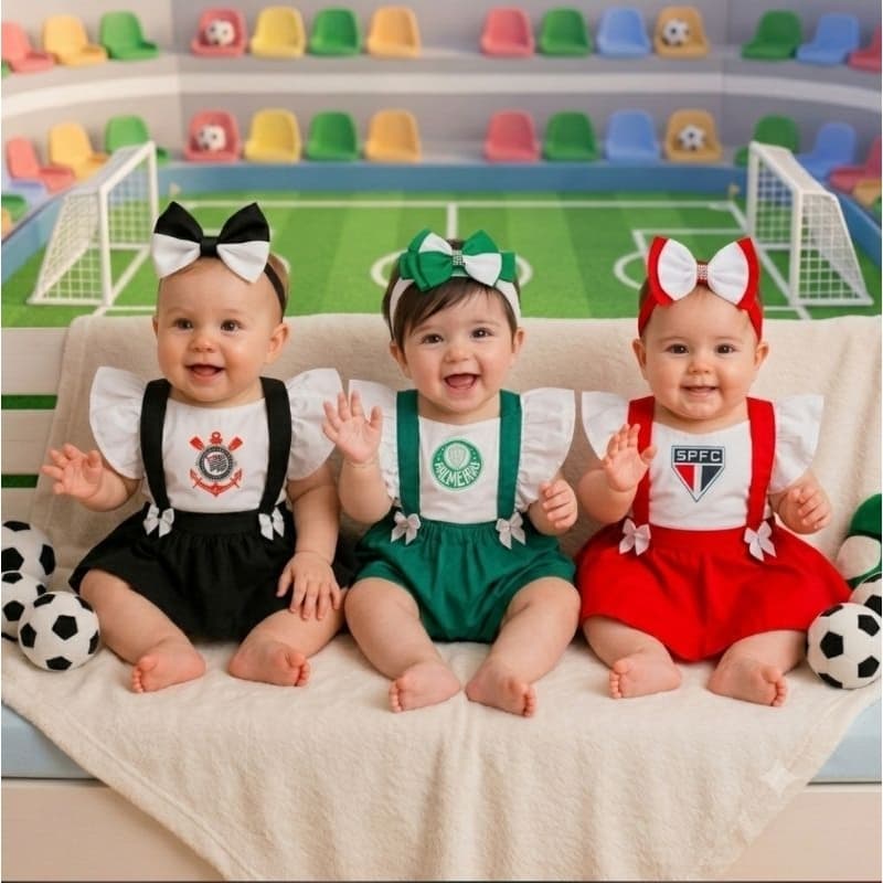 Romper Vestido De Time Corinthians Palmeiras São Paulo Com Laço De Cabelo Bory Temático Mesversário Vestido Bebê