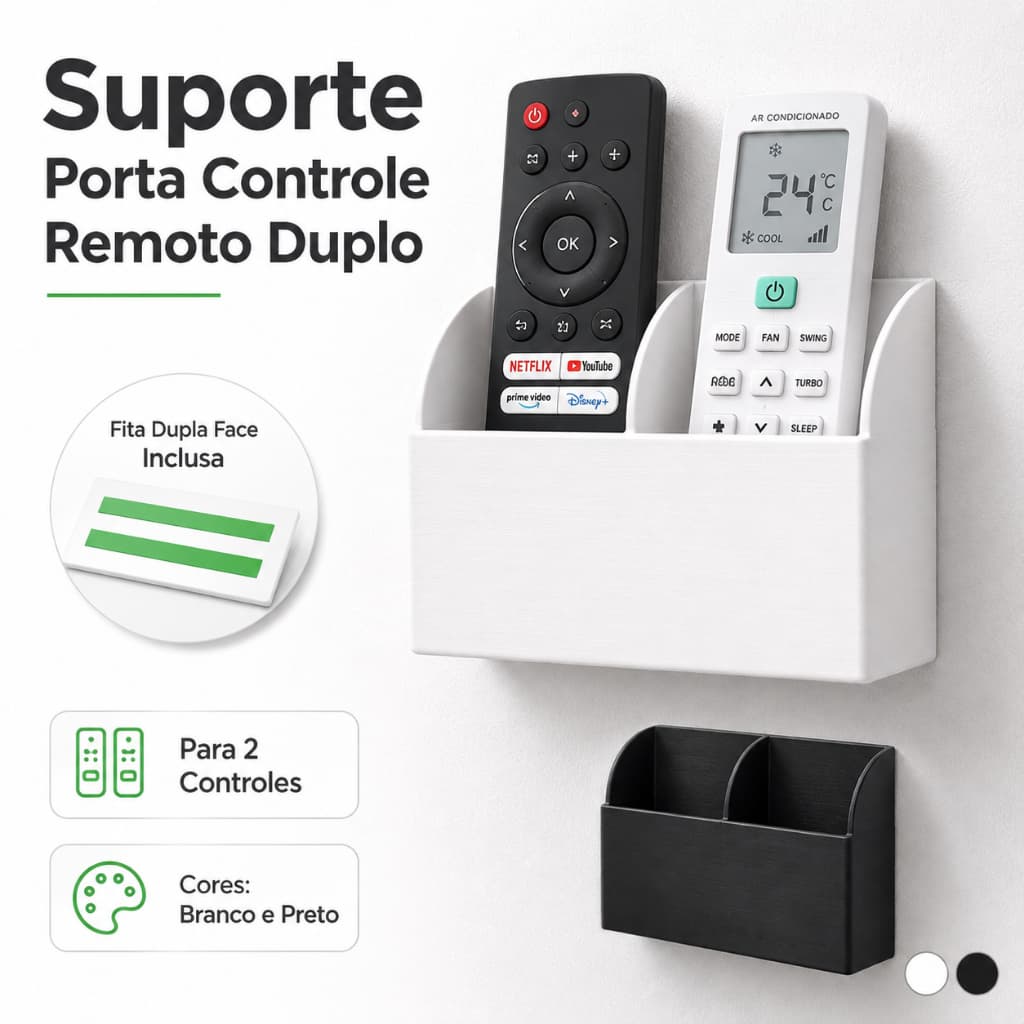 Suporte De Parede Duplo Porta Controle Remoto Ar Condicionado Tv Universal Organizador Ventilador Sem Furo