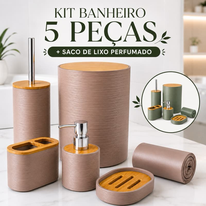 KIT Acessórios de Banheiro Lavabo de Bambu Conjunto Completo Lixeira Saboneteira Escova Decoração