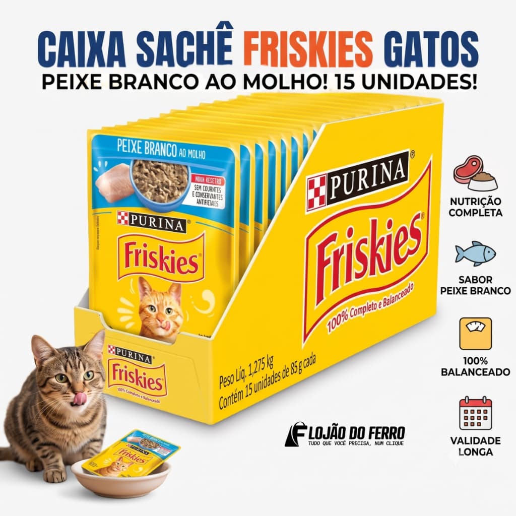 Sachê Friskies Gatos Ração Úmida Peixe Branco | Caixa Fechada 15 Unidades 85g Purina