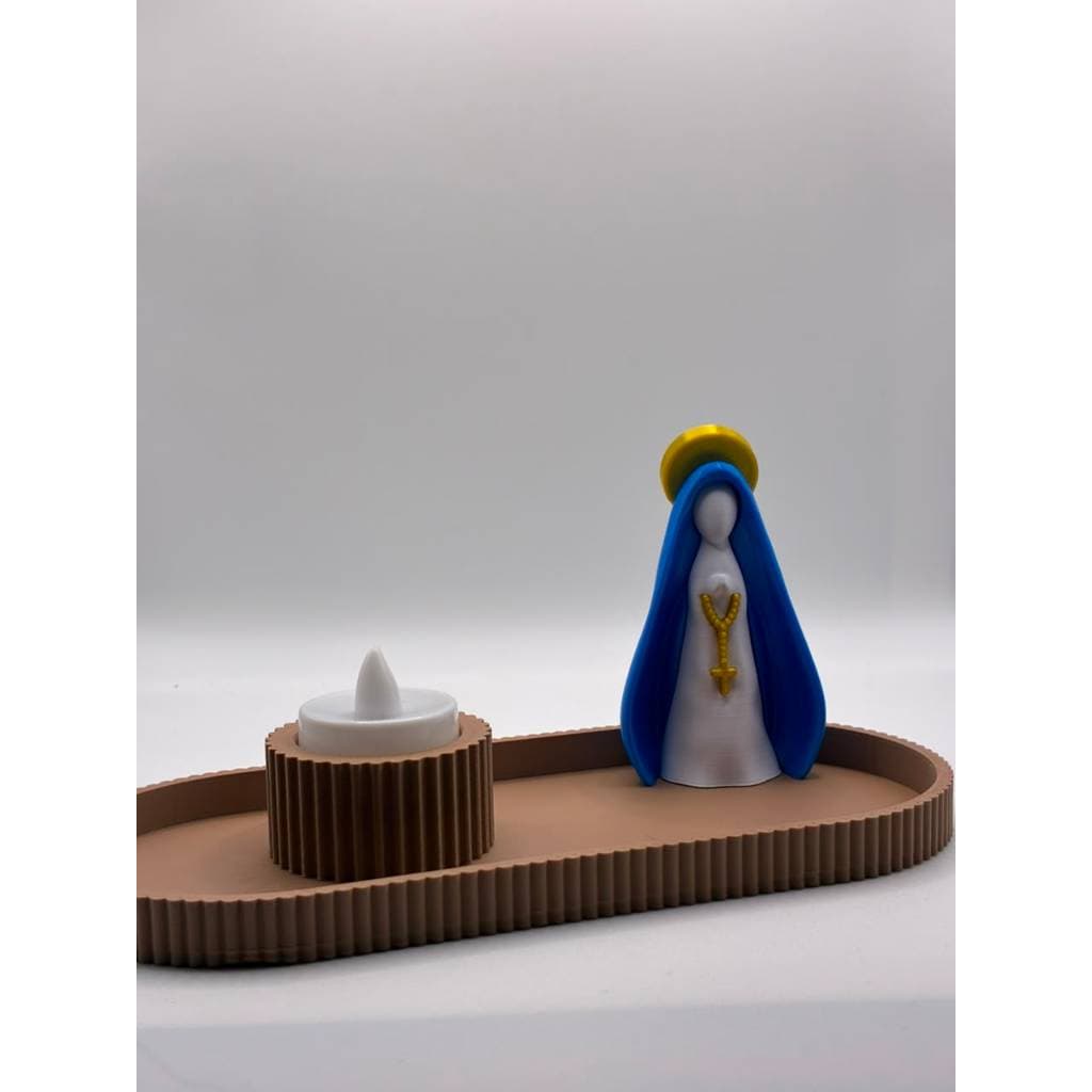 Kit Decorativo Nossa Senhora com Vela LED e Bandeja Oval | Decoração Religiosa para Casa