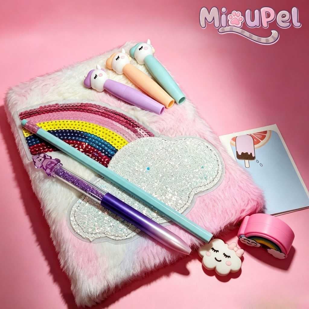 kit papelaria fofa criativa unicórnio arco-íris caneta brilho caderno pelúcia apontador post it nuvem céu lua estrela