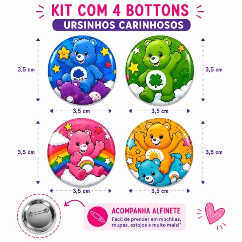 Kit 4 Bottons Ursinhos Carinhosos 3,5cm Broches com Alfinete para Mochila, Roupa, Jaqueta e Estojo
