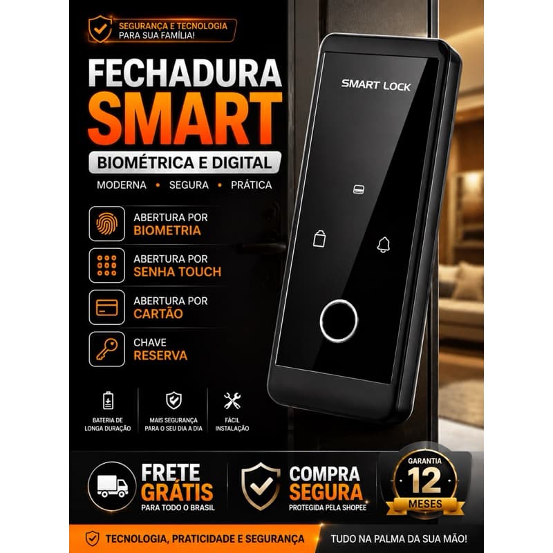 Fechadura Eletrônica Biométrica Touch | Digital, Senha e Cartão
