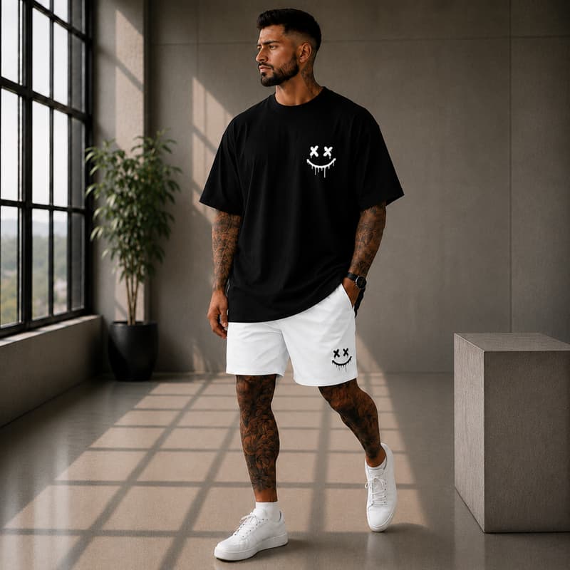 Kit Camiseta Oversized e Short Tactel Masculino Streetwear Smile Camisa Algodão Premium 30.1