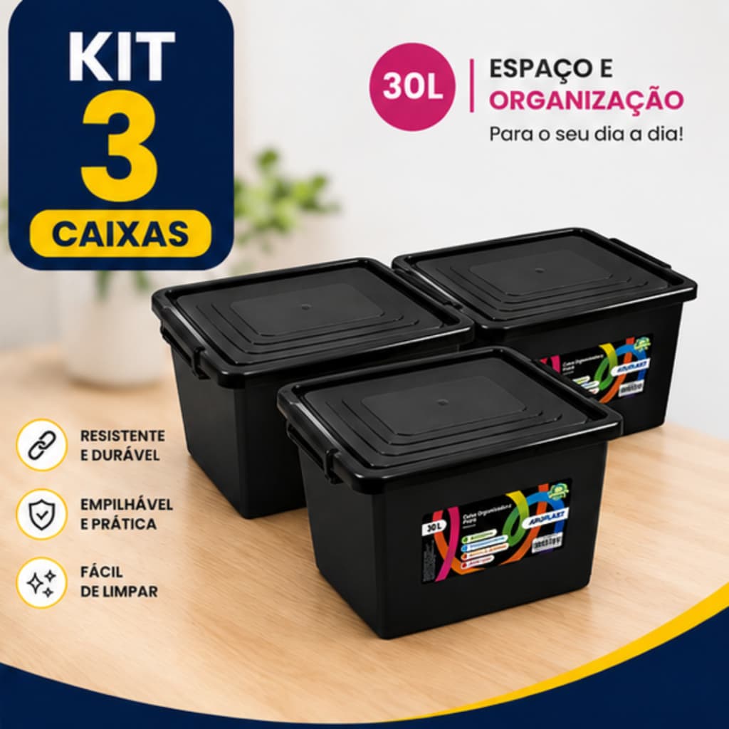 Jogo 3 Caixas Cesto 30 Litros Caixa Organizadora Multiuso Pretas Com Tampa e Trava Organizador Preto