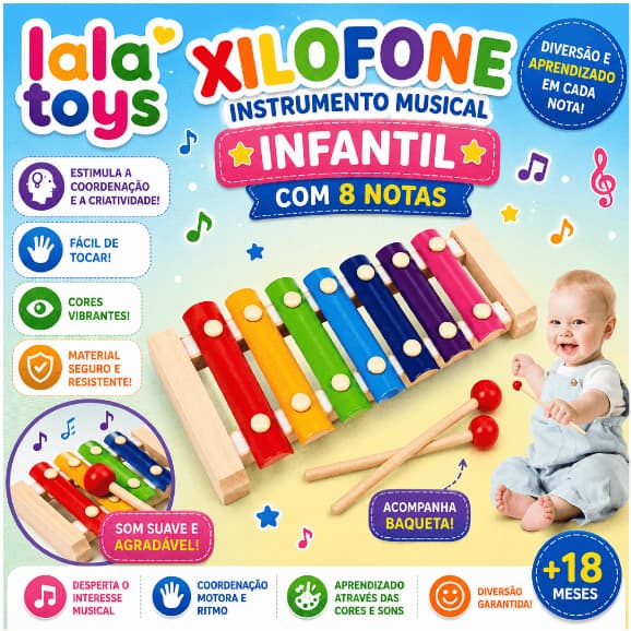 Xilofone Instrumento Musical Infantil Com 8 Notas