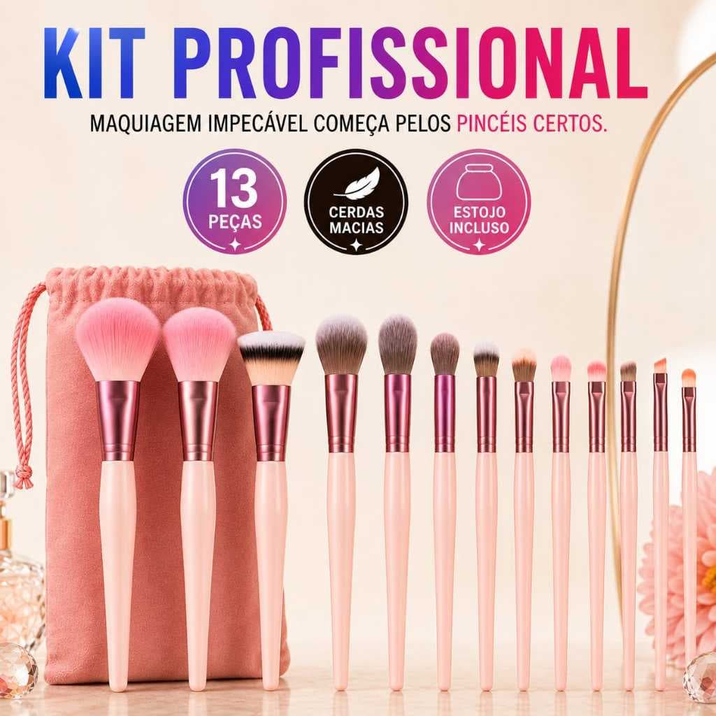 Kit 13 Pincéis de Maquiagem Profissional com Estojo Cerdas Macias para Base Pó Blush e Sombra