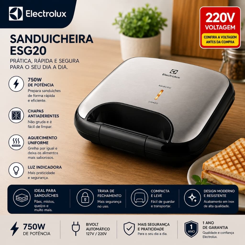 Sanduicheira Electrolux Efficient ESG20 Inox Antiaderente 750W 220V