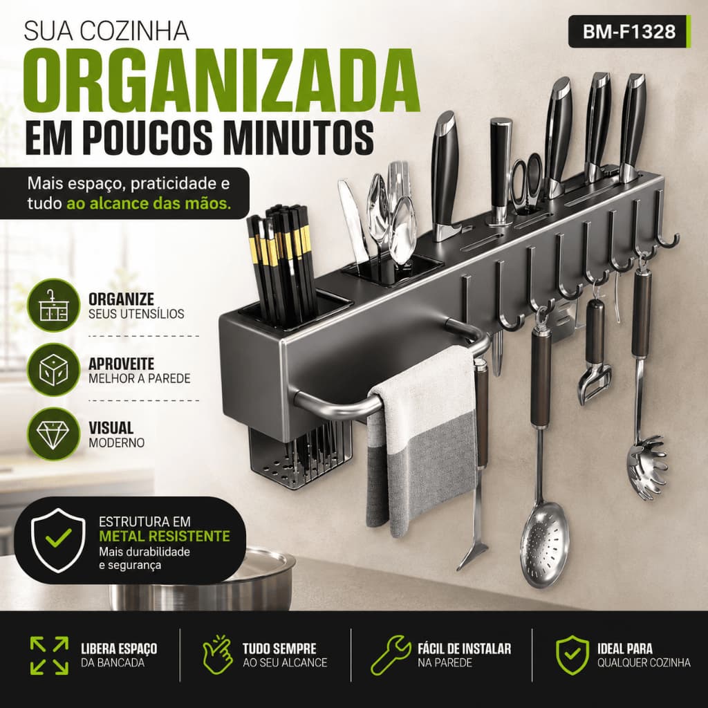 Prateleira Organizadora de Cozinha Metal com Ganchos e Cestos Porta Temperos Multifuncional Parede BM-F1328