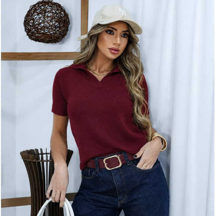 Blusa Gola Polo Feminina Decote V Tricot Modal Premium Contraste Elegante Moda