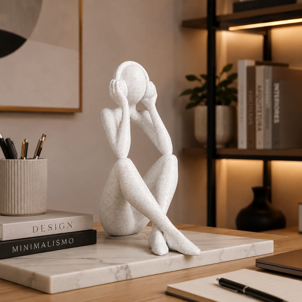 Escultura Decorativa Abstrata Pensador Sentado Perdido no Som Estátua Moderna Sala, Escritório e Decoração Minimalista