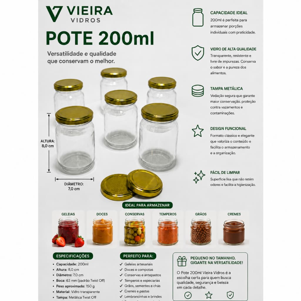Kit 06UN Pote 267 200ml + Tampa Dourada - Doces, Geleias, Temperos e Decoração.