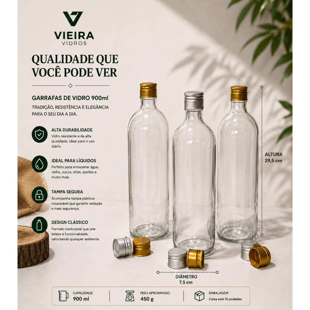 Kit 12UN Garrafa de vidro de 950ML com Tampa de Alumínio.