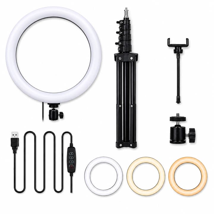 Kit Ring Light LED USB com Tripé Regulável Suporte para Celular Streaming e Live