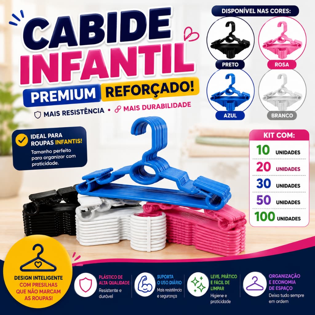 Kit Cabide Infantil com Prendedores Presilhas para Roupas de Bebê e Crianças