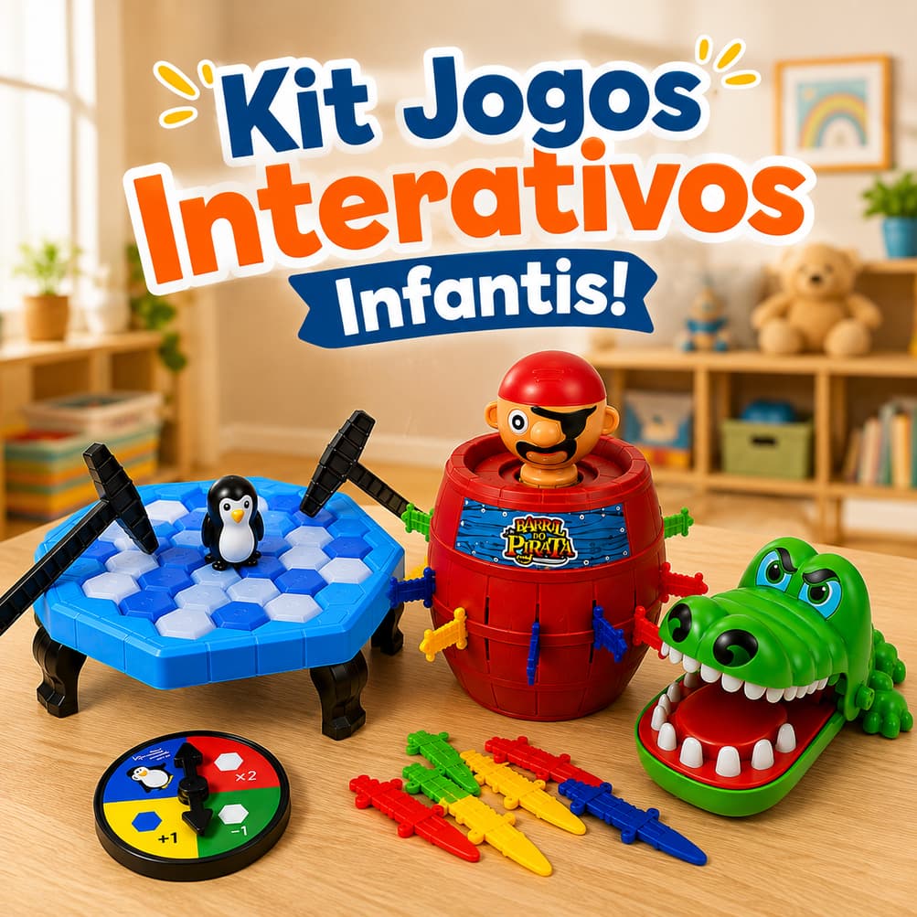 Kit Jogos Brinquedo Infantil Crocodilo Morde Dedo + Pula Pirata + Quebra Gelo Pinguim Educativo