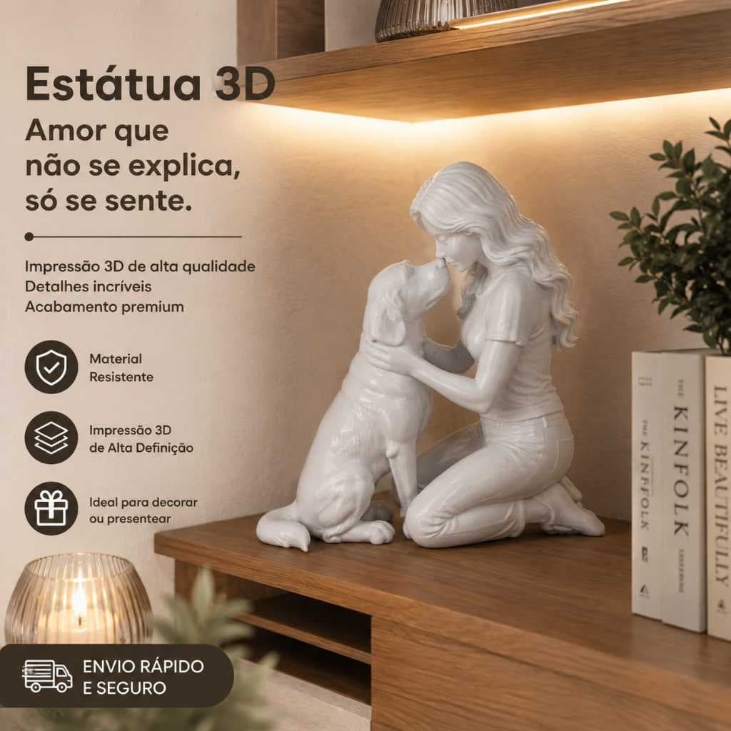 Estátua Mulher e Cachorro - Escultura Decorativa e Elegante