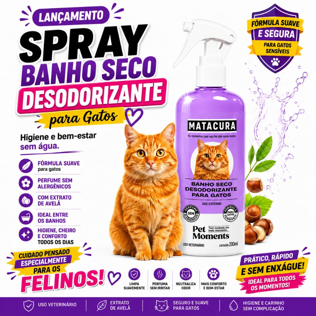 Banho Seco Spray Removedor de Odores Desodorizante 200ml Matacura Para Gatos