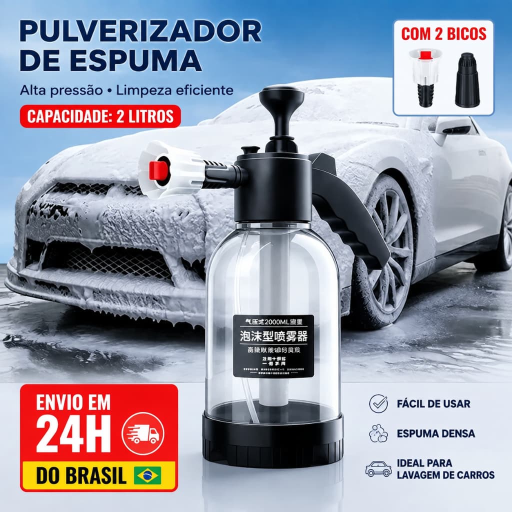 Pulverizador Manual Snow Foam 2L Pressão para Lavar Carro Moto com 2 Bicos Gerador de Espuma Automotivo
