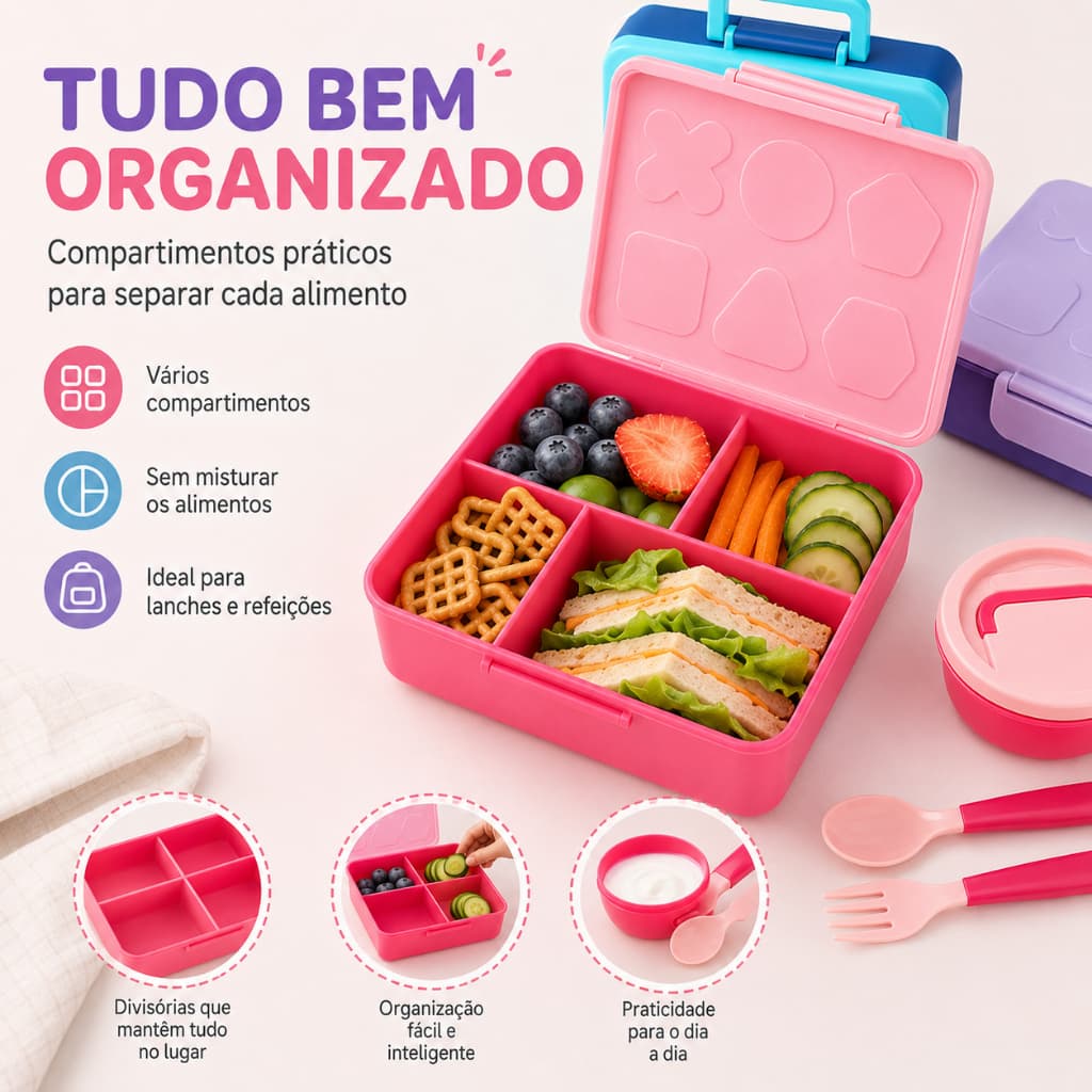 Lancheira 4 Compartimentos 1900ml com Talheres, 3 Cores Disponíveis | Marmita Hermética à Prova de Vazamento para Refeiç