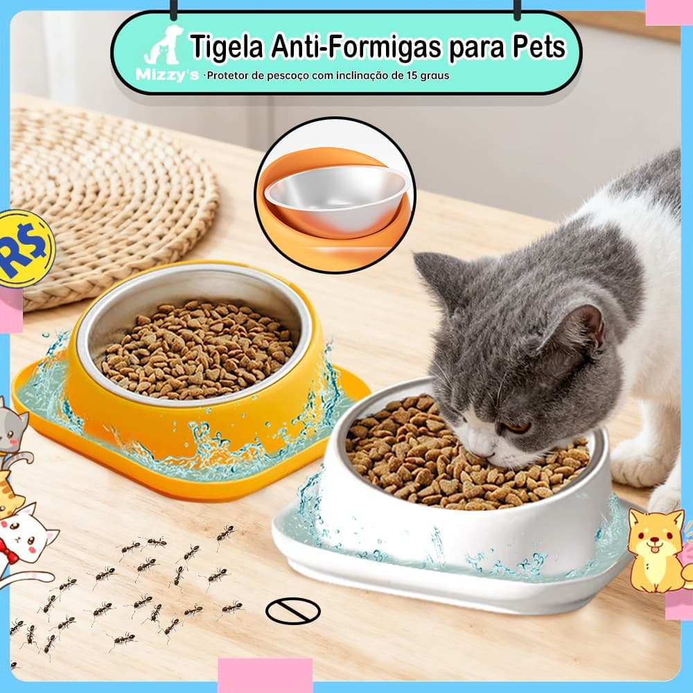Comedouro Pet Elevado Antiformiga Ergonômico 15° com Tigela de Inox Removível para Cães e Gatos