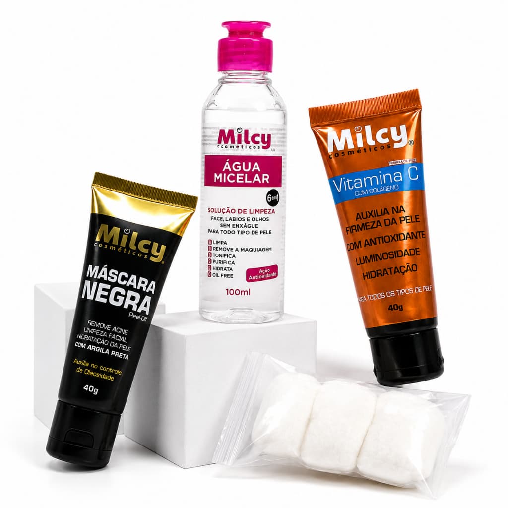 Kit Skincare Máscara Preta Peel Off com Água Micelar Vitamina C e Colágeno Milcy