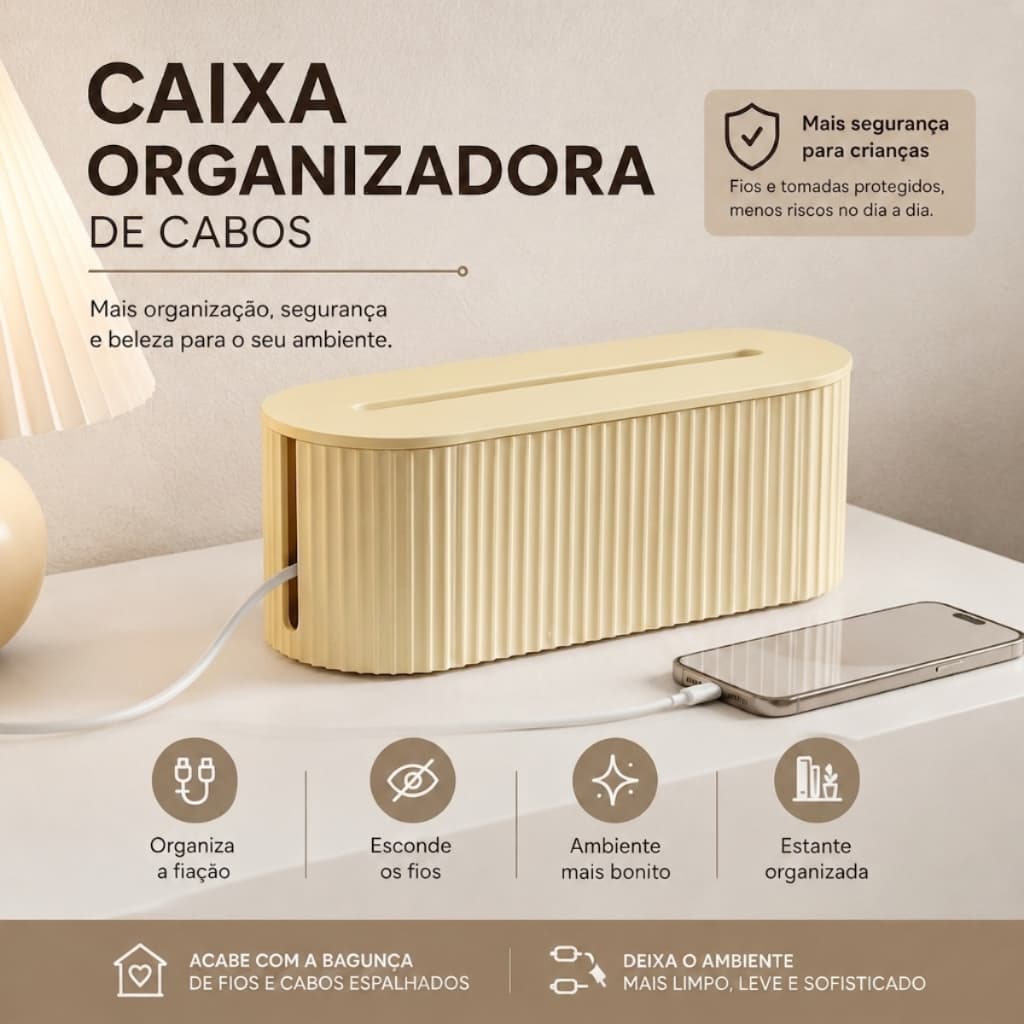 Caixa Organizador de Mesa Porta Cabos e Fios Armazenamento de Tomadas Off White