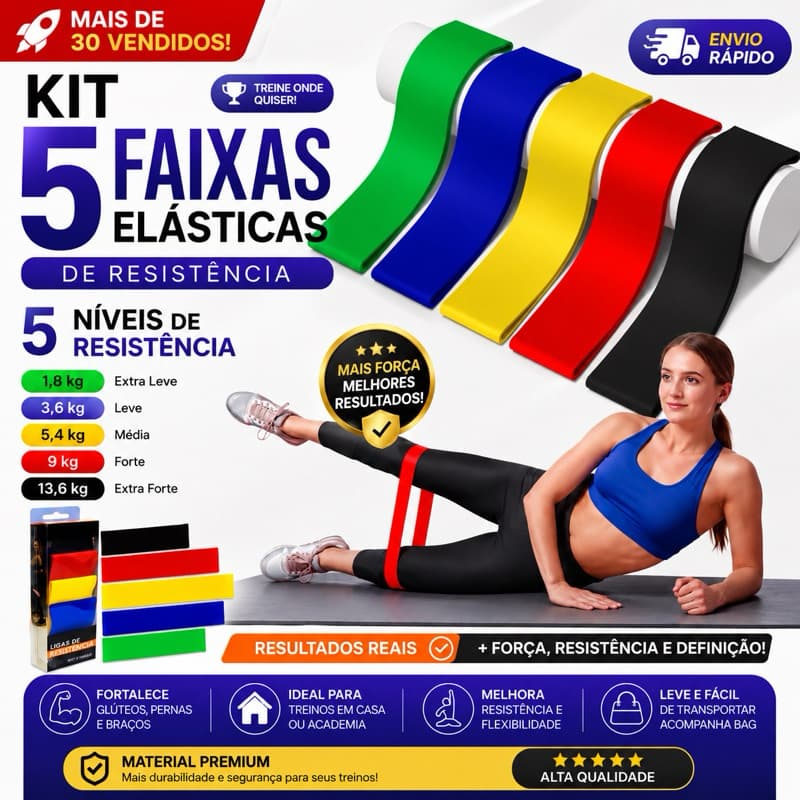 Mini Band Kit 5 Faixas Elásticas Treino Funciona Glúteos Pernas Crossfit e Academia