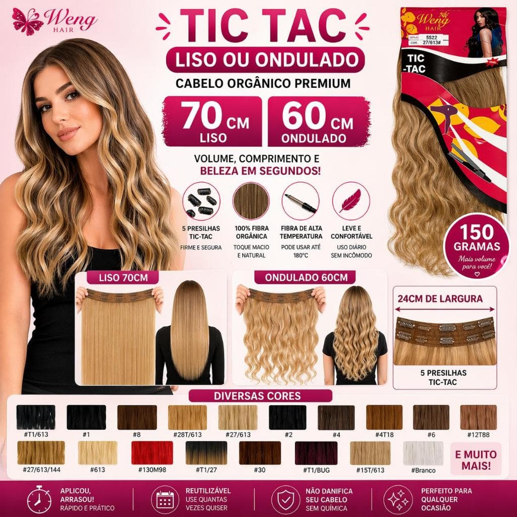 Extensão de Cabelo Aplique tic tac liso ou ondulado fibra Bio Orgânica Premium diversas cores disponiveis