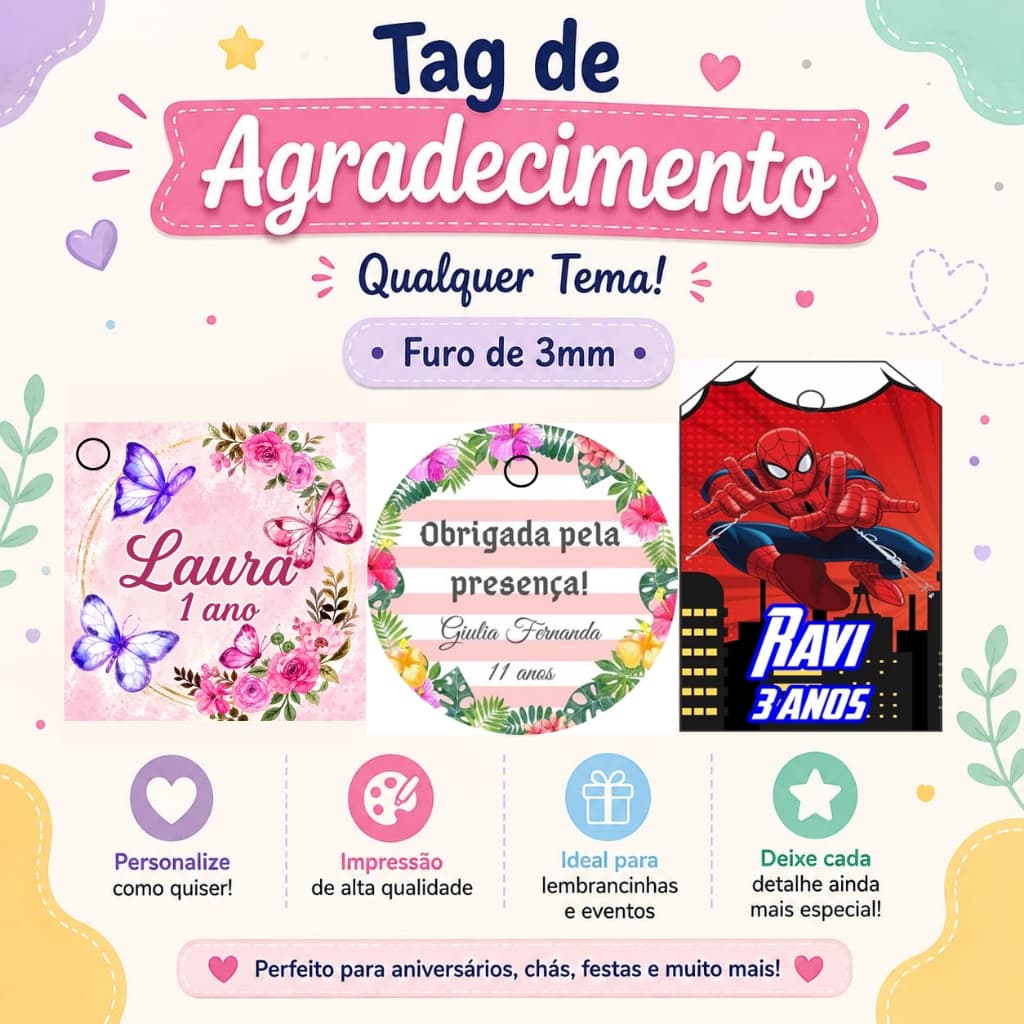 Tag com furo agradecimento, aniversário, clientes..