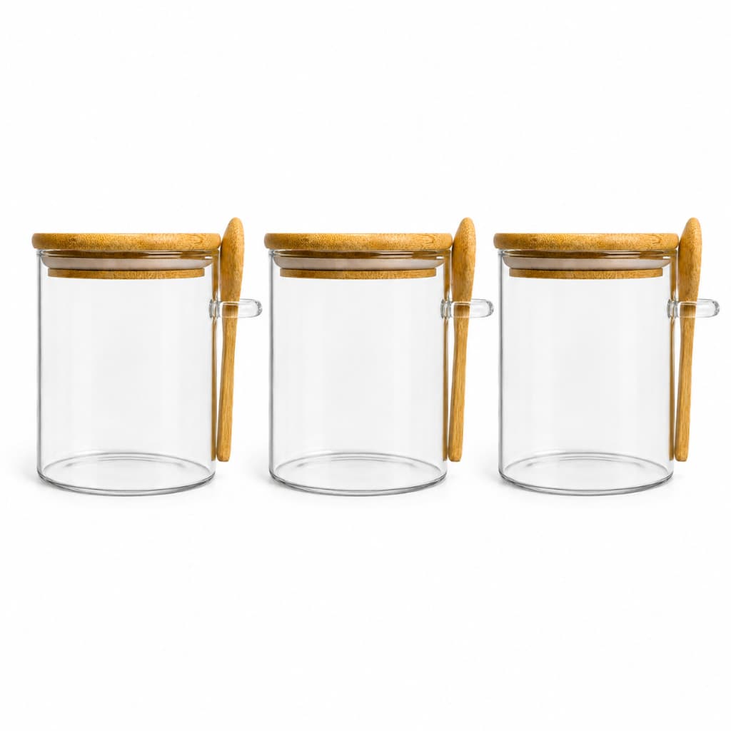 Kit 3 Potes Vidro Hermético Tampa Bambu Com Colher Mantimentos Cozinha Temperos 300ml 410ml e 440ml