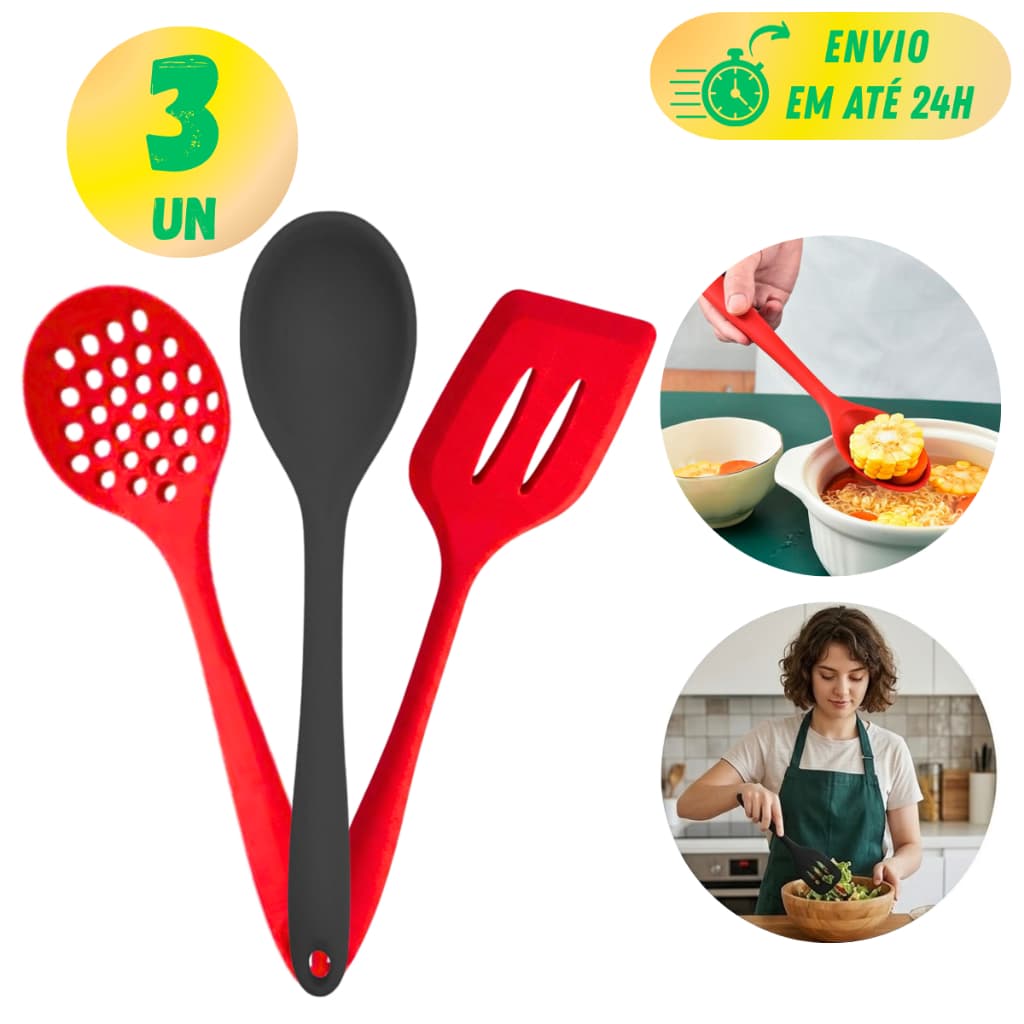 Kit Peças Cozinha Silicone Espátula Vazada Escumadeira Colher De Arroz Antiaderente Premium