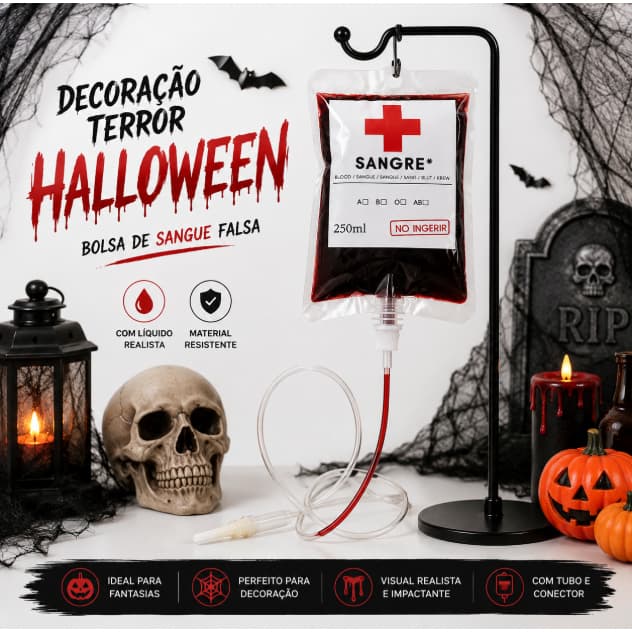Bolsa de Sangue Artificial Halloween Dia das Bruxas Decoração Festa Fantasia Cosplay Assustador Terror