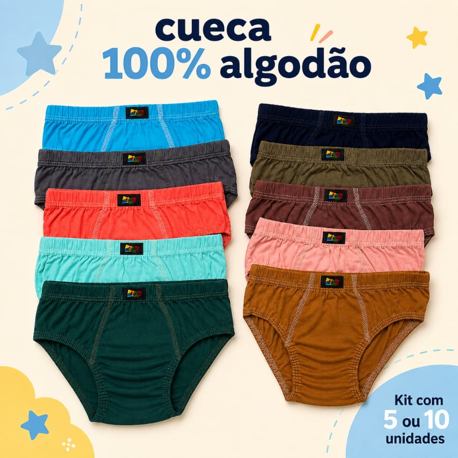 Cueca Infantil 100% Algodão Com Forro Kit 5 ou 10 Cuecas Menino Tradicional Cores Sortidas