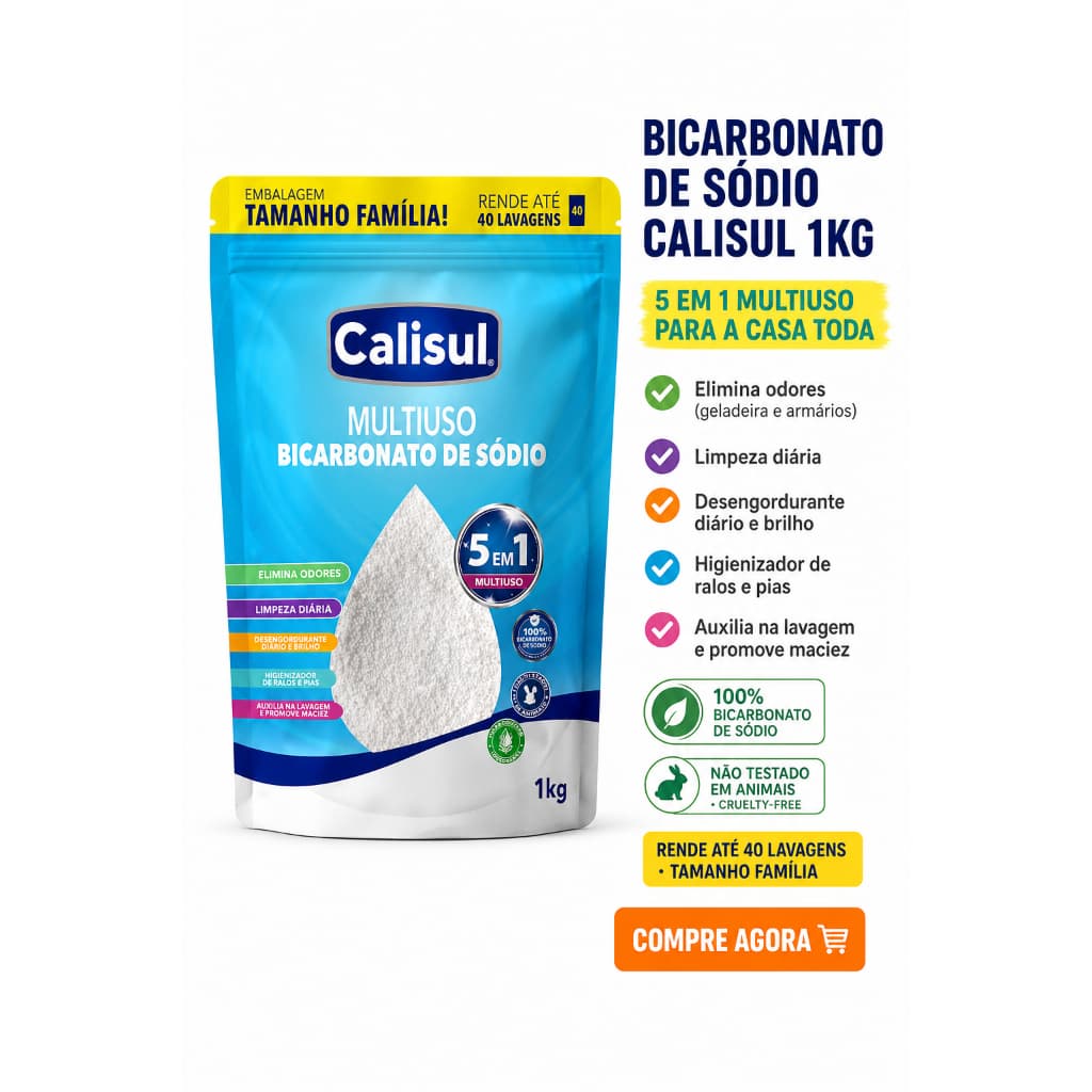 Bicarbonato de Sódio Calisul 1kg Multiuso 5 em 1 Elimina Odores Rende até 40 Lavagens Tamanho Família