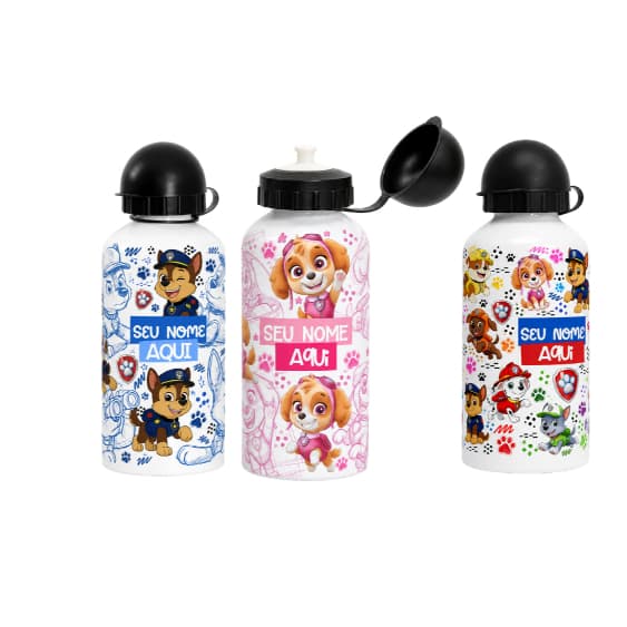 Garrafinha Squeeze Aluminio 500ml Patrulha Canina Menino e Menina Personalizada com Nome