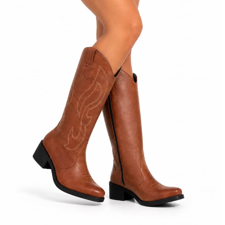 Bota Country Feminina Texana Cano Longo Bordada Luxo Fazendeira Boiadeira Calce Fácil Com Zíper