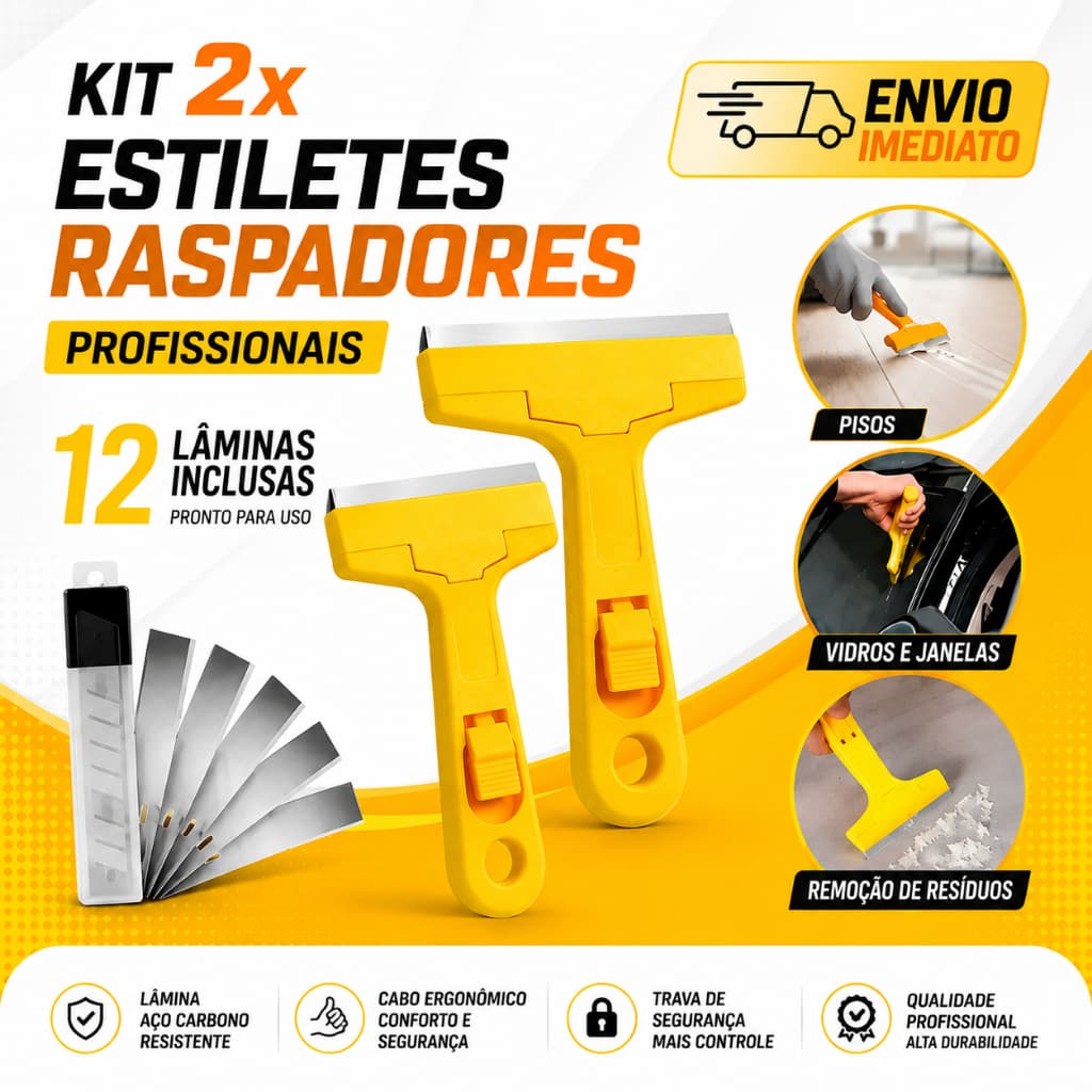 2 Estiletes Raspadores Profissionais Com 12 Lâminas Tira Adesivo Cola Vidro Piso Fogao Parede Cerâmica Azulejo