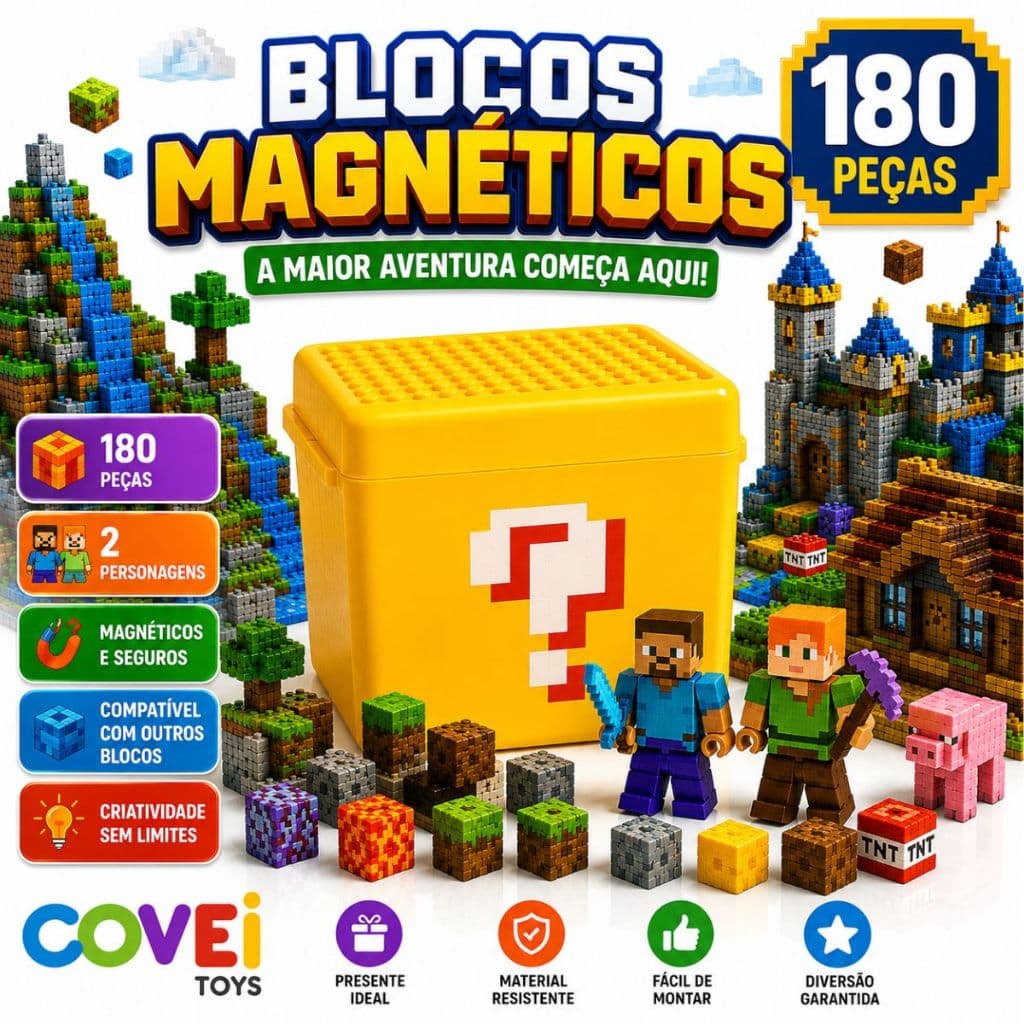 Blocos Magnéticos 180 Peças Com Caixa Organizadora 14x14cm + 2 Bonecos Articulados COVEI TOYS
