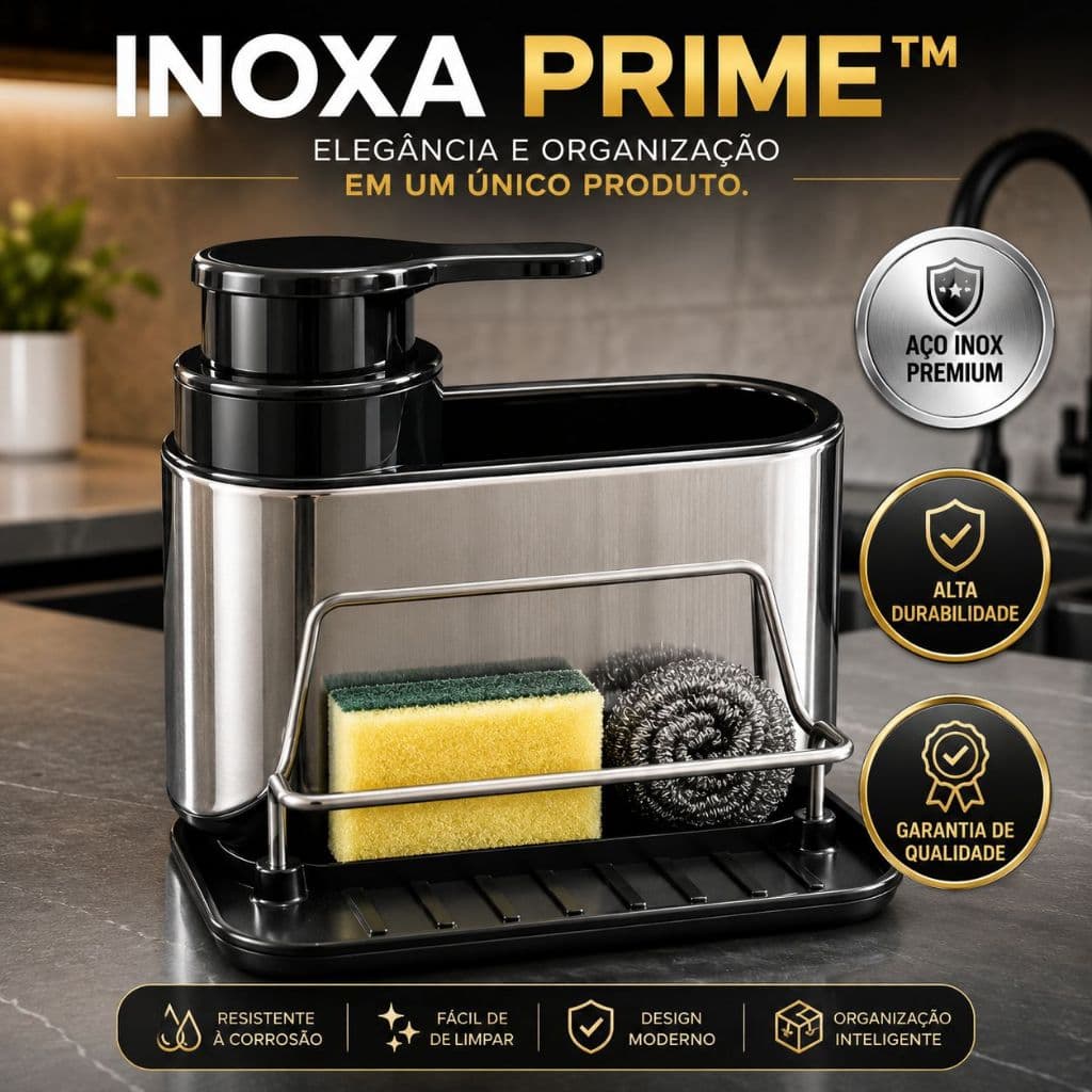 Dispenser de Detergente Aço Inox Organizador de Pia Porta Esponja Suporte Cozinha