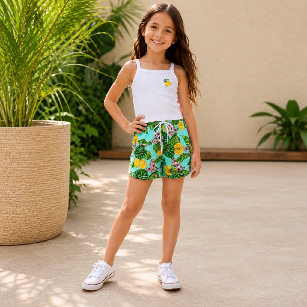 Conjunto Infantil Menina Verão Blusa de Alça com Estampa Limão e Bermuda Meia Malha Estampada