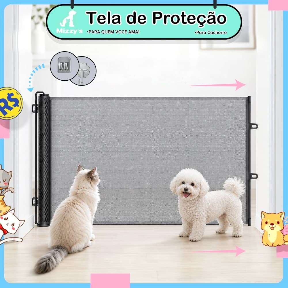 Portão Retrátil para Pets Tela de Proteção para Cães e Gatos Sem Furos 110/150/180x78cm
